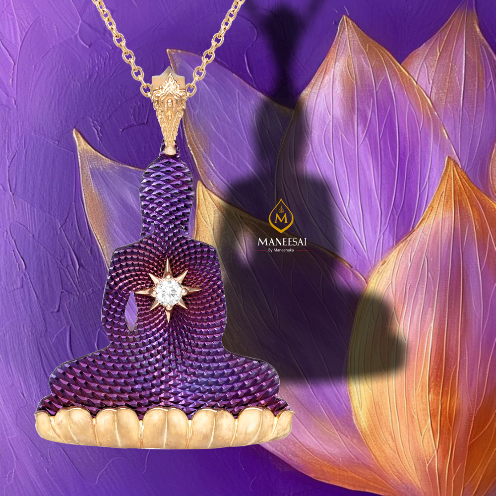 Elegant Buddha Pendant in purple Titanium, Gold, and Diamonds